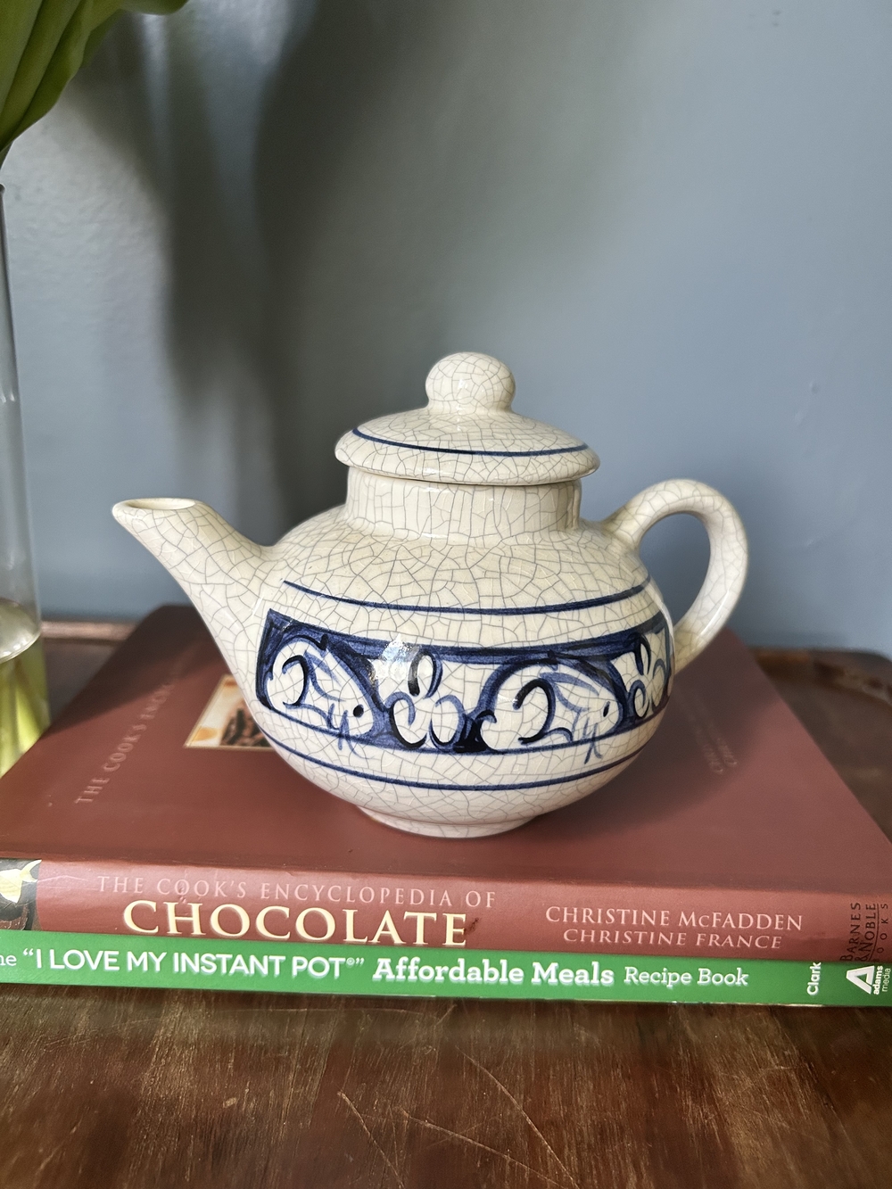 The Potting Shed Hand Painted Ceramic Teapot in Cream with Blue Banding